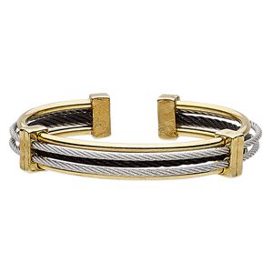 Bracelet, cuff, gold-finished / silver- / black-plated stainless steel, 12mm wide cable, adjustable from 7 to 7-1/2 inches. Sold individually.