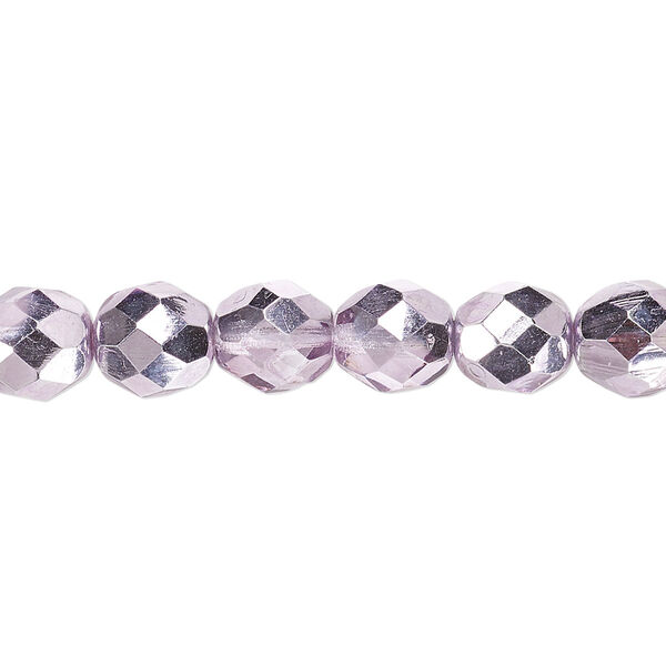 Bead, Czech fire-polished glass, clear with half-coat metallic pink silver, 8mm faceted round. Sold per 15-1/2" to 16" strand. image number 0