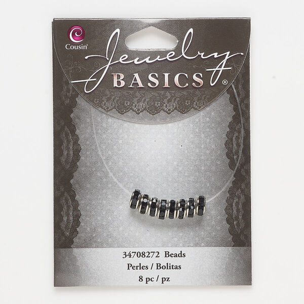 Bead, silver-finished "pewter" (zinc-based alloy) and glass, black, 7x3mm rondelle. Sold per pkg of 8. image number 0