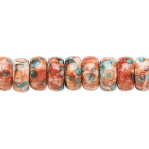 Bead, resin and painted ceramic, orange / blue / white, 10x5mm rondelle. Sold per 15-1/2" to 16" strand.