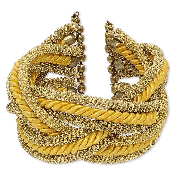 Bracelet, cuff, polyester with gold-finished steel and brass, golden yellow, 42mm wide with braided and coiled wire design, 6-1/2 inch adjustable. Sold individually. image number 0