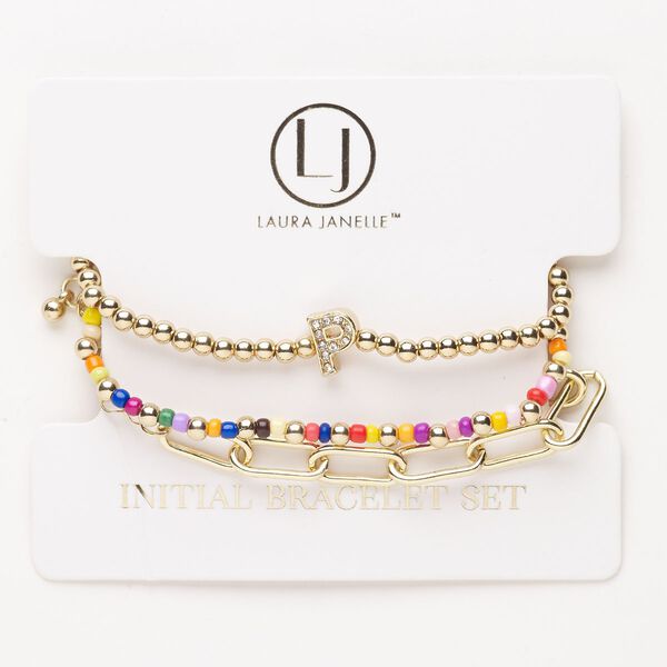 Bracelet assortment, steel / acrylic / elastic, pkg/3, 6-1/2 inches, gold finish and multicolored. image number 0