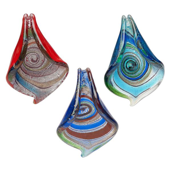 Random focal mix, lampworked glass, translucent multicolored, 55x40mm-61x42mm curled leaf with copper-colored glitter and silver-colored foil. Sold per pkg of 3. image number 0
