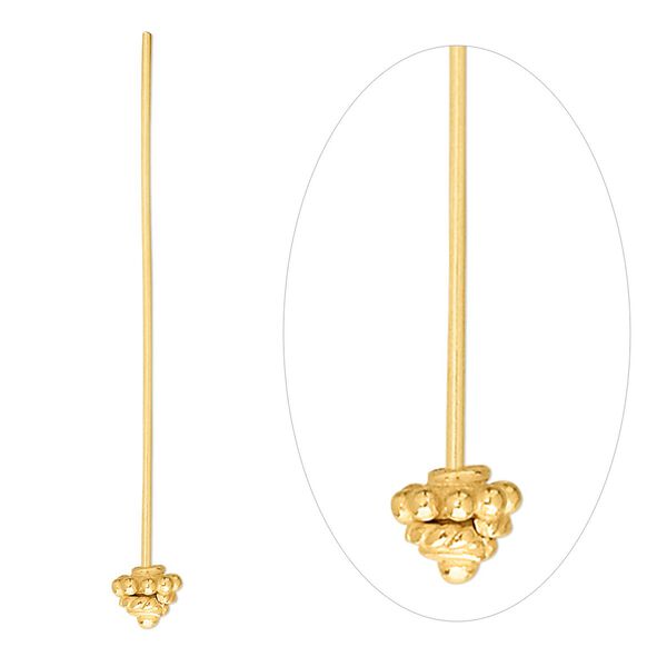 Head pin, "vermeil," 1-1/2 inches with 4mm beaded bead cap, 21 gauge. Sold per pkg of 2. image number 0