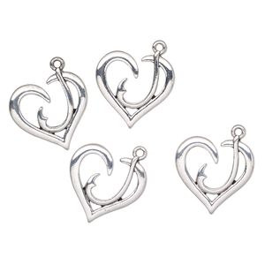 Charm, antique silver-finished "pewter" (zinc-based alloy), 24x22mm heart with fishhook cutout. Sold per pkg of 4.