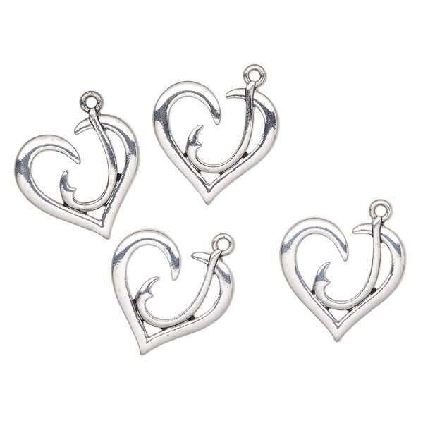Charm, antique silver-finished "pewter" (zinc-based alloy), 24x22mm heart with fishhook cutout. Sold per pkg of 4. image number 0
