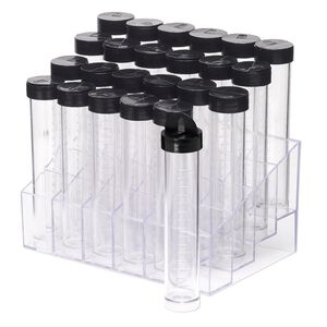 Display, acrylic, clear, 5-3/4x3-3/4 inch rectangle rack with 24 clear 4x3/4 inch wide vials with black twist-on caps with hang-tabs. Sold per set.