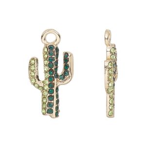 Charm, glass and gold-finished pewter (tin-based alloy), light green and dark green, 23x13.5mm cactus. Sold per pkg of 2.