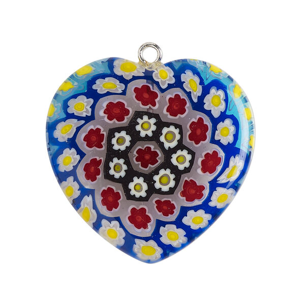 Focal 1pkg1, silver-finished steel / millefiori glass, opaque to transparent cobalt blue / multicolored, 29-31mm puffed heart. image number 0