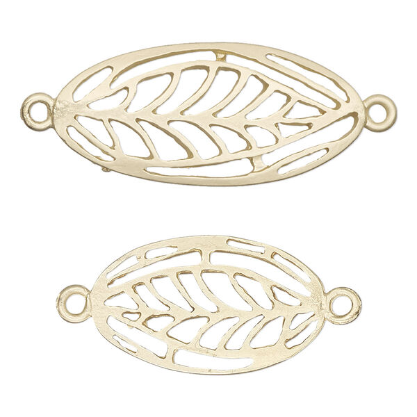 Focal and link, gold-finished "pewter" (zinc-based alloy), 25x15mm and 34x15mm matte oval with cutout leaf design. Sold per pkg of 8. image number 0