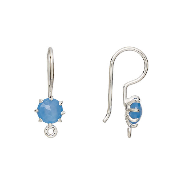 Ear wire, blue chalcedony (dyed) and sterling silver, 22mm fishhook with 7.5mm hand-cut faceted round and closed loop, 19 gauge. Sold per pair. image number 0