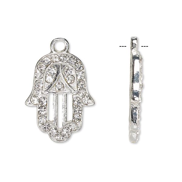 Drop, Czech glass rhinestone and silver-finished "pewter" (zinc-based alloy), clear, 22x17mm single-sided Fatima hand with cutouts and 2mm faceted round. Sold per pkg of 2. image number 0