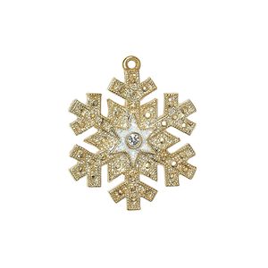Charm, enamel / crystals / gold-finished "pewter" (zinc-based alloy), white and crystal clear with glitter, 23.5x21mm single-sided snowflake. Sold individually.