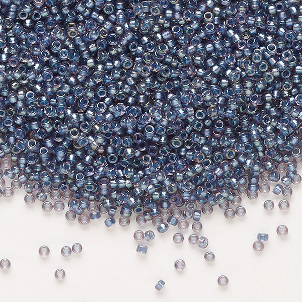 Seed bead, Miyuki, glass, pkg/250g, #15 rocaille, translucent tidal-lined luster crystal clear (RR-3747). image number 0