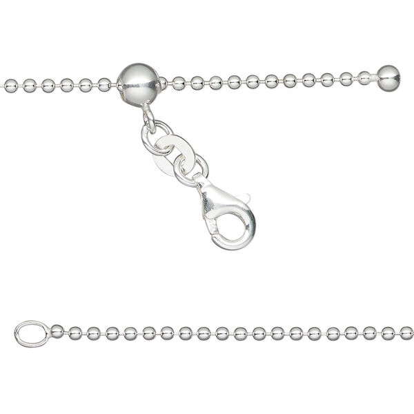 Chain 1pkg1 Gossamer™, sterling silver and silicone, 1.5mm ball, 16 to 24 inches with lobster claw clasp and 5mm adjustable slider bead. image number 0
