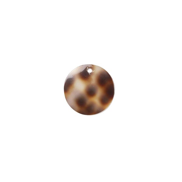 Drop, tiger cowrie shell (natural), 12mm round, Mohs hardness 3-1/2. Sold per pkg of 4. image number 0