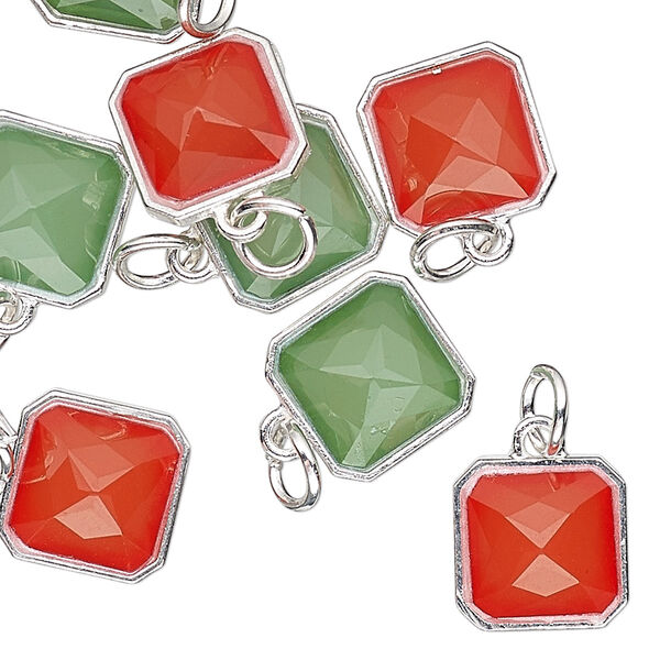 Drop, Charmed, resin with silver-finished steel and "pewter" (zinc based alloy), red and green, 12mm faceted square. Sold per pkg of 8. image number 0