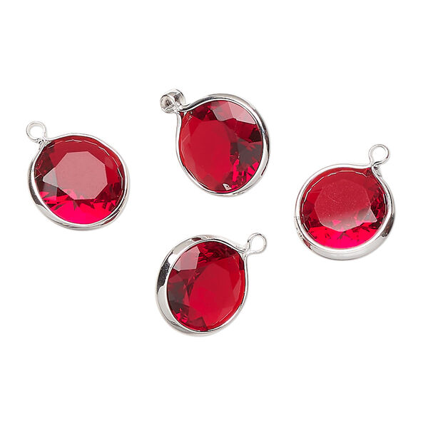 Drop, silver-finished brass, translucent ruby red, 10mm faceted round with open back. Sold per pkg of 4. image number 0