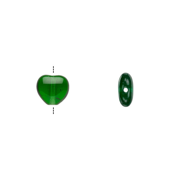 Bead, Czech pressed glass, emerald green, 8x7.5mm heart. Sold per 15-1/2" to 16" strand, approximately 50 beads. image number 0