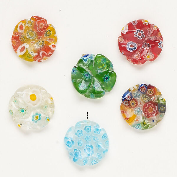 Bead, millefiori glass, translucent multicolored, 19-20mm half-drilled carved flower. Sold per pkg of 6. image number 0