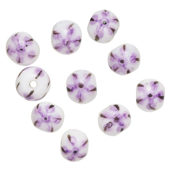 Bead, lampworked glass, opaque white / black / purple, 9-11mm round. Sold per pkg of 10. image number 0