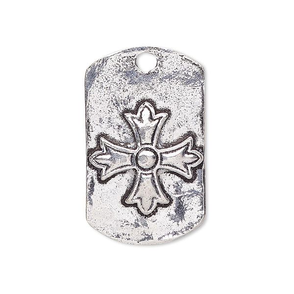 Focal, antique silver-plated brass, 30x18mm single-sided hammered rounded rectangle with cross. Sold individually. image number 0