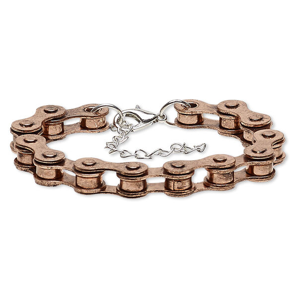 Bracelet, silver- and antique copper-plated steel, 6mm wide with 21x6mm bicycle chain, 6 inches with 2-1/2 inch extender chain and lobster claw clasp. Sold individually. image number 0