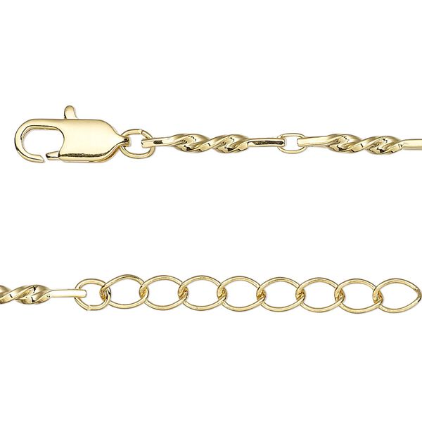 Chain, gold-finished brass, 3x2mm oval and 14x2mm twisted flat rectangle, 36 inches with 1-1/4 inch extender chain and lobster claw clasp. Sold individually. image number 0