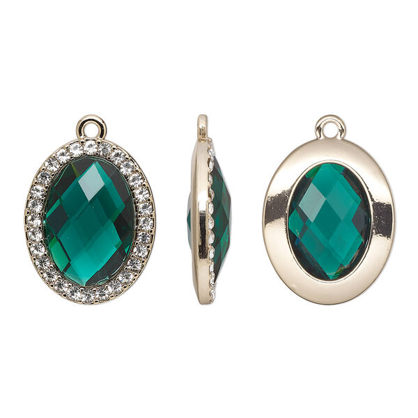 Drop, glass / glass rhinestone / gold-finished "pewter" (zinc-based alloy), clear and transparent emerald green, 23.5x19mm single-sided oval. Sold per pkg of 2. image number 0