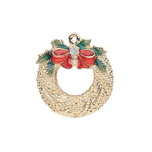 Charm, gold-finished "pewter" (zinc-based alloy) and enamel, red and green, 23x22mm single-sided fancy wreath with bow, holly leaves and glitter. Sold individually. image number 0