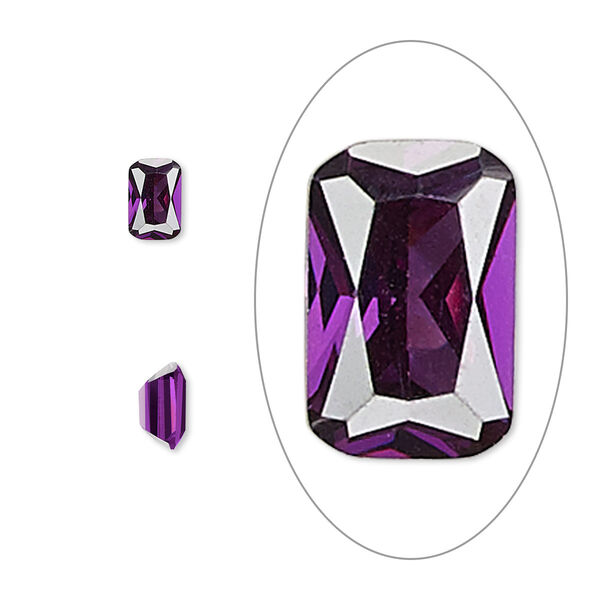 Gem, cubic zirconia, amethyst purple, 6x4mm faceted emerald-cut, Mohs hardness 8-1/2. Sold per pkg of 2. image number 0