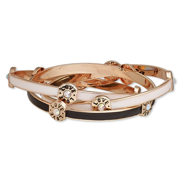 Bracelet, bangle, enamel / glass rhinestone / copper-finished steel, clear AB / black / white, (3) 12mm wide interlocking bands with "LOVE," 7-1/2 inches. Sold individually. image number 0