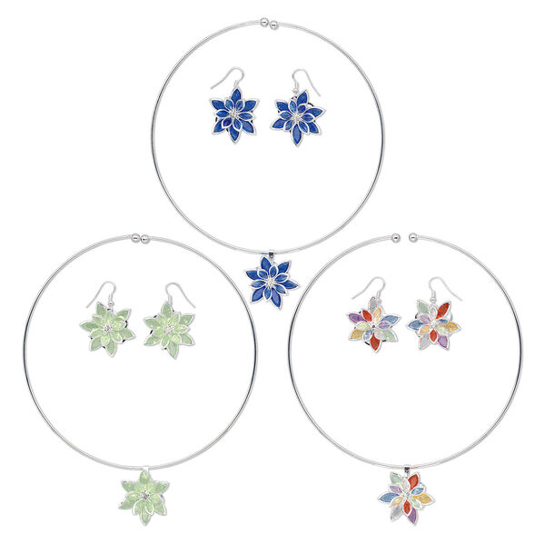 Neckwire and earring set, steel and acrylic, assorted color, flower design, 15" to 16" neckwire, earrings with fishhook wire. Sold per pkg of 3 sets. image number 0