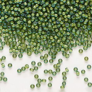 Seed bead, Miyuki, glass, pkg/25g, #11 rocaille, translucent white-lined luster light green, (RR-3764).