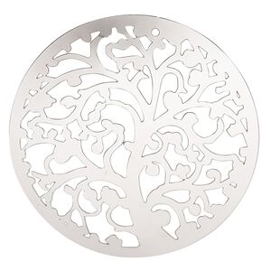 Focal, Lazer Lace™, stainless steel, 40mm single-sided domed round with tree design. Sold per pkg of 2.