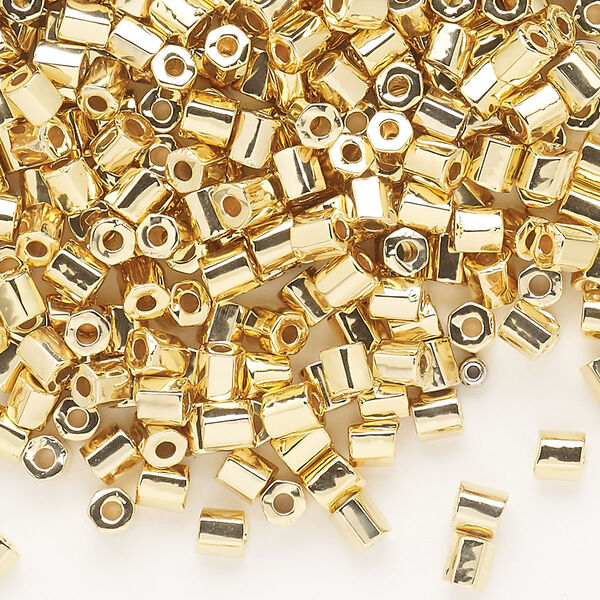 Seed bead, Dyna-Mites™, glass, opaque 24Kt gold-plated, #6 hex 2-cut. Sold per 1/2 kilogram pkg. image number 0