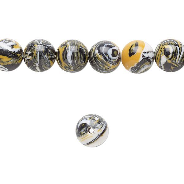 Bead, resin, black / white / dark yellow, 8mm round. Sold per 15-1/2" to 16" strand. image number 0