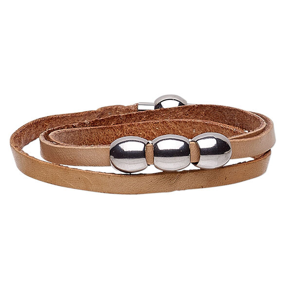 Bracelet, 3-strand wrap, leather (dyed) and stainless steel, natural, 10mm wide with 10mm barrel, 10 inches with magnetic clasp. Sold individually. image number 0