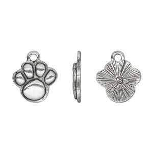 Charm, pewter (tin-based alloy), pkg/1, antique silver plate, 15x13mm single-sided paw print.