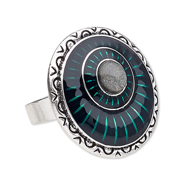 Ring, enamel and antique silver-plated "pewter" (zinc-based alloy), green and clear, 31mm round, adjustable. Sold individually. image number 0