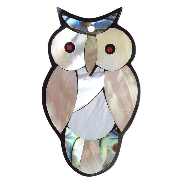Focal, multi-shell (assembled) and resin, multicolored, 49x28mm-50x29mm single-sided flat owl. Sold individually. image number 0