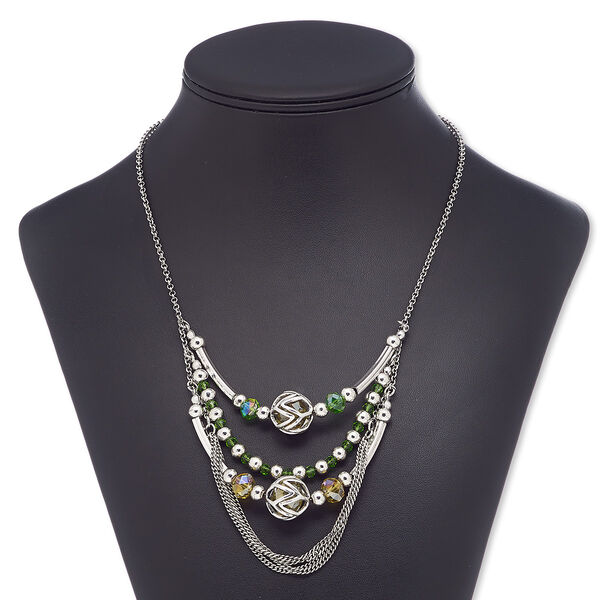 Necklace, glass / antiqued silver-finished brass / steel / "pewter" (zinc-based alloy), yellow / green AB / green, round, 28 inches with 2-inch extender chain and lobster claw clasp. Sold individually. image number 0