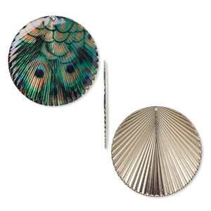 Focal, resin and gold-finished steel, green and multicolored, 40mm single-sided round with peacock pattern and textured back. Sold individually.