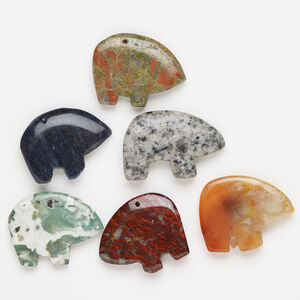 Multi-gemstone 1pkg6, half-drilled puffed / flat zuni-style bear, focal mix 37x28mm-43x31mm