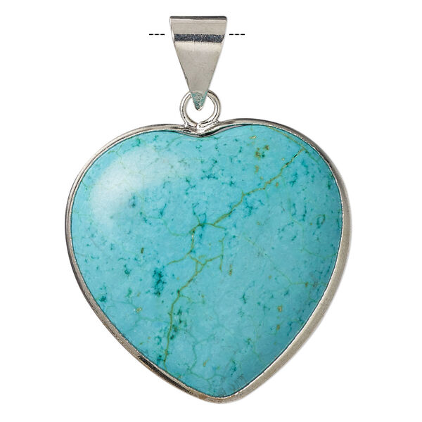 Pendant, magnesite (dyed / stabilized) and imitation rhodium-plated brass, blue, 30x30mm double-sided heart, B grade, Mohs hardness 3-1/2 to 4. Sold individually. image number 0