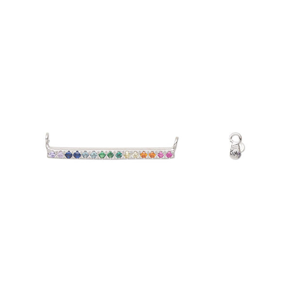 Connector, rhodium-plated sterling silver and cubic zirconia, multicolored, 19.5x1.5mm bar with 2 loops. Sold individually. image number 0