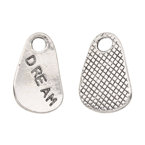 Drop, antique silver-finished "pewter" (zinc-based alloy), 25x17mm two-sided flat freeform with "DREAM" and textured design. Sold per pkg of 2. image number 0
