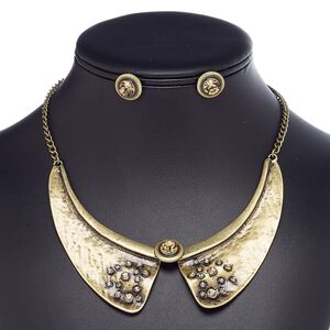Necklace and earring set, crystals with antique gold-finished steel and "pewter" (zinc-based alloy), light Colorado topaz, collar, 15" to 16" necklace with 2-inch extender chain and lobster claw clasp, 14mm round with post. Sold per set.
