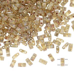 Seed bead, TILA®, glass, pkg/10g, 5x2.3mm half tila rectangle, translucent Picasso light amber, (HTL-4501).