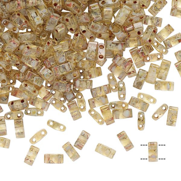Seed bead, TILA®, glass, pkg/10g, 5x2.3mm half tila rectangle, translucent Picasso light amber, (HTL-4501). image number 0